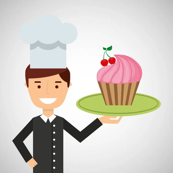 Dessin animé chef dessert cupcake cerise — Image vectorielle