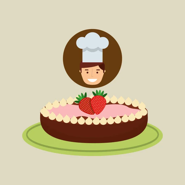 Cartoon Chef torta dolce al cioccolato con fragola — Vettoriale Stock