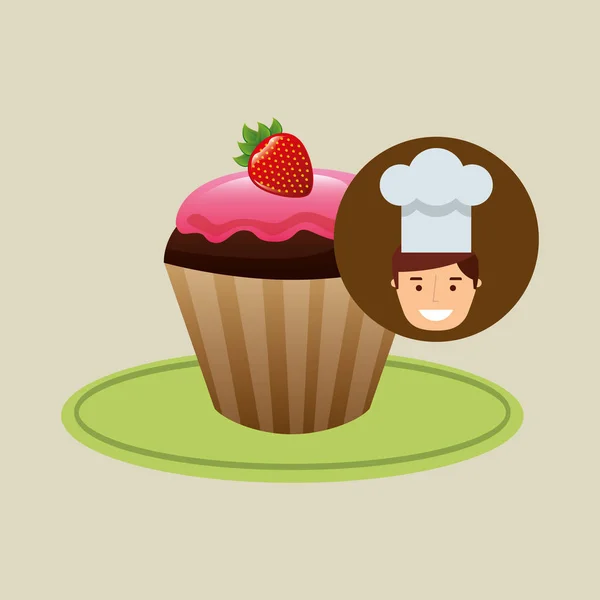 Cartoon Chef Dessert leckere Cupcake Schokolade Erdbeere — Stockvektor