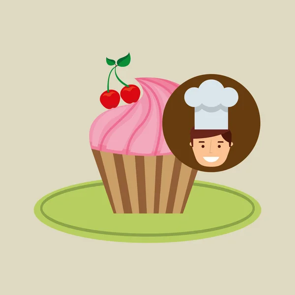 Cartoon Chef Dessert Cupcake Kirsche — Stockvektor