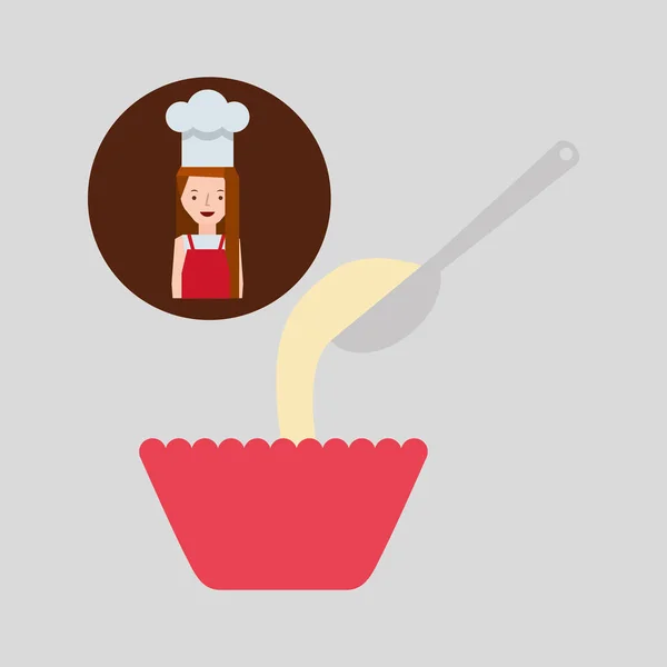 Cooker girl spoon flour bowl — Stock Vector