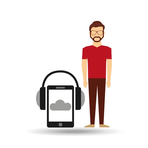 Guy bearded smartphone headphones music online — Stock Vector