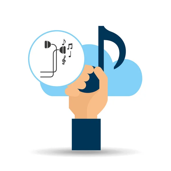 Ruce drží Poznámka hudba cloud a sluchátka — Stockový vektor