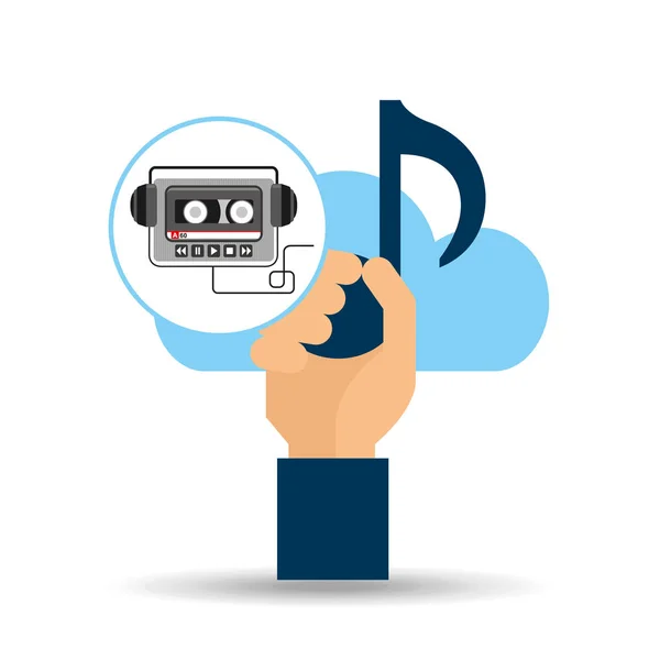 Hand hold note music cloud and audio cassette headphones — Stock Vector