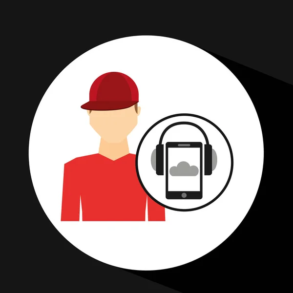 Cara vermelho cap smartphone fones de ouvido música online — Vetor de Stock