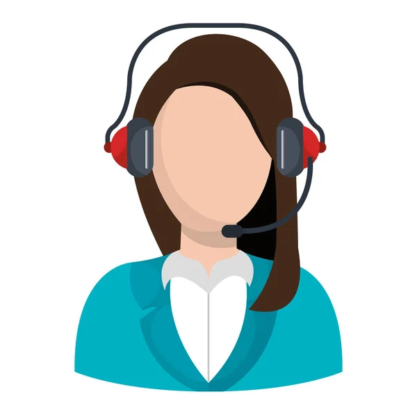 Personaje de mujer de negocios con icono de auriculares — Vector de stock