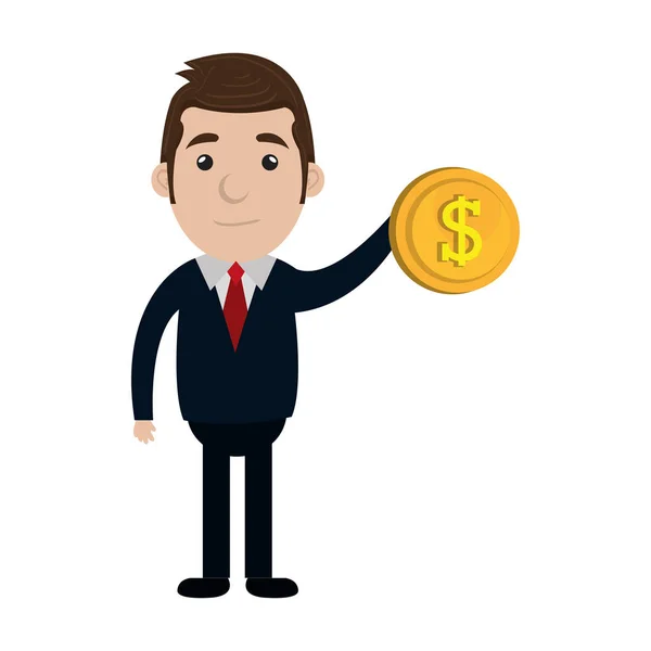 Homme d'affaires personnage avec de l'argent pièce icône — Image vectorielle