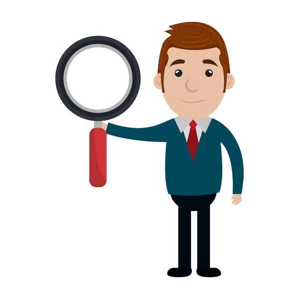 Businessman character with magnifying glass icon — Stock Vector