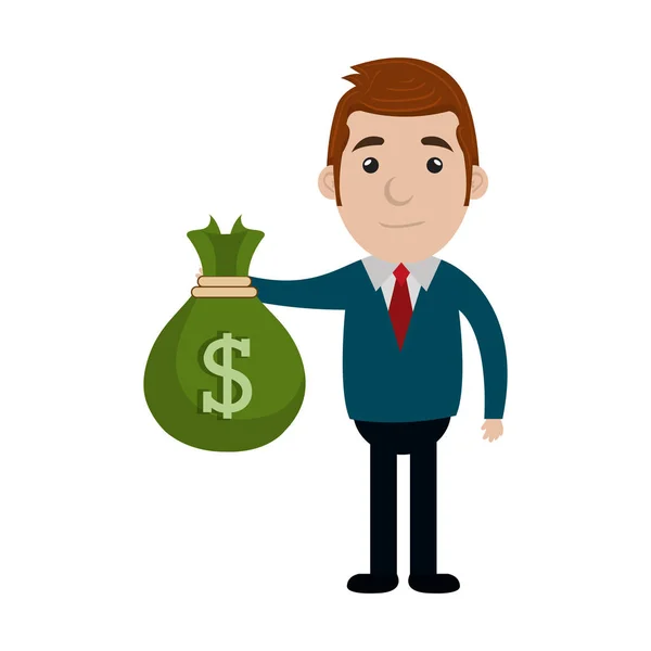 Caractère homme d'affaires avec sac icône de l'argent — Image vectorielle