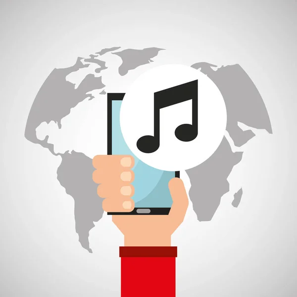 Ręką trzyma muzyczne smartfonów multimedialnych online — Wektor stockowy