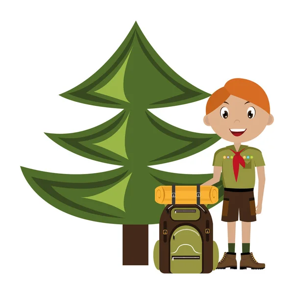 Pequeno personagem scout com ícone saco de viagem — Vetor de Stock