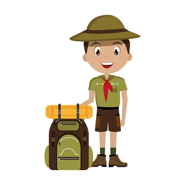 Pequeño personaje explorador con icono de bolsa de viaje — Vector de stock