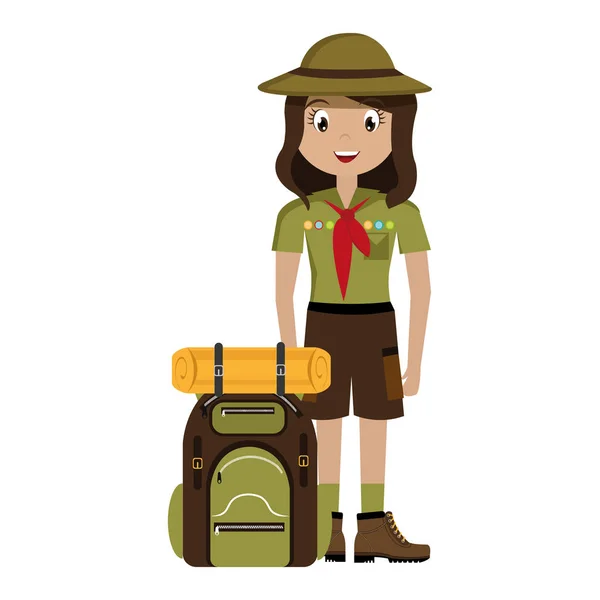 Pequeño personaje explorador con icono de bolsa de viaje — Vector de stock