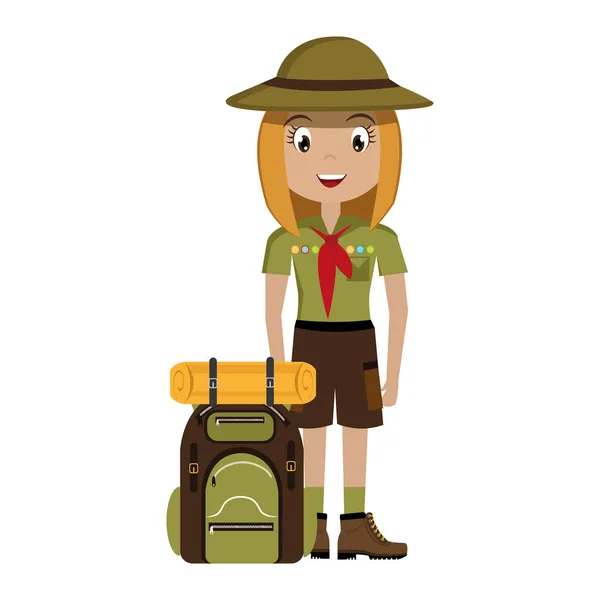 Petit personnage scout avec icône sac de voyage — Image vectorielle