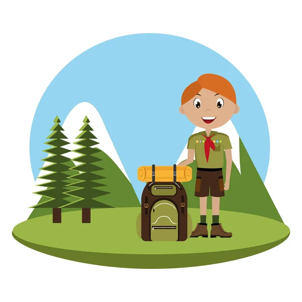 Pequeno personagem scout com ícone saco de viagem — Vetor de Stock