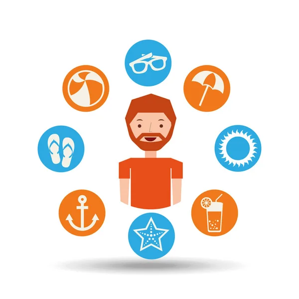 Character beard man summer vacation collection icons — Stock Vector
