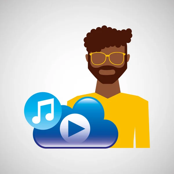 Dibujos animados hombre gafas nube música jugar — Vector de stock