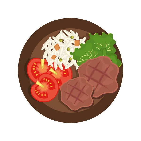 Delicioso menu com carne, salada, arroz e tomate . —  Vetores de Stock