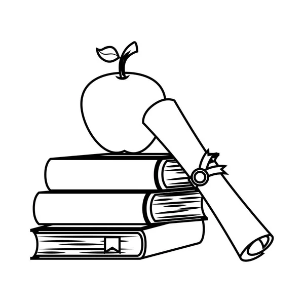 Książki szkolne z apple ikona na białym tle — Wektor stockowy
