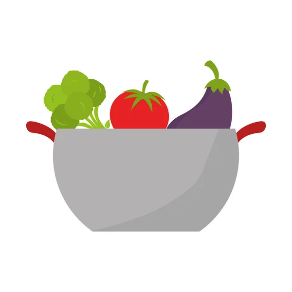 Olla de cocina con alimentos saludables icono aislado — Vector de stock