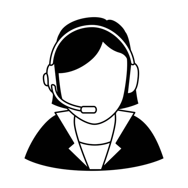 Personaje de mujer de negocios con icono de auriculares — Vector de stock