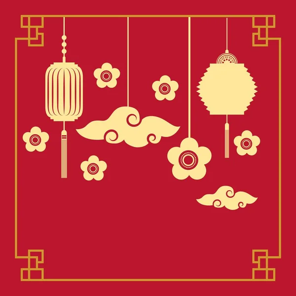 Chinese lantaarns en bloemen decoratie — Stockvector