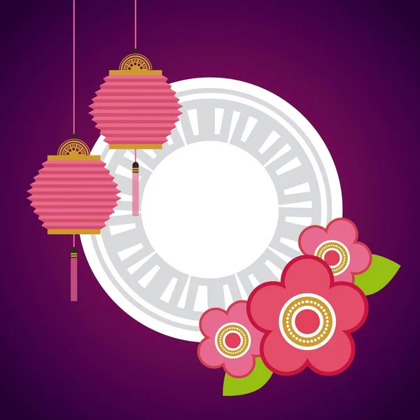 中国的灯笼和鲜花装饰 — 图库矢量图片