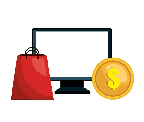 Komputerze e-commerce kupić na białym tle rynku — Wektor stockowy