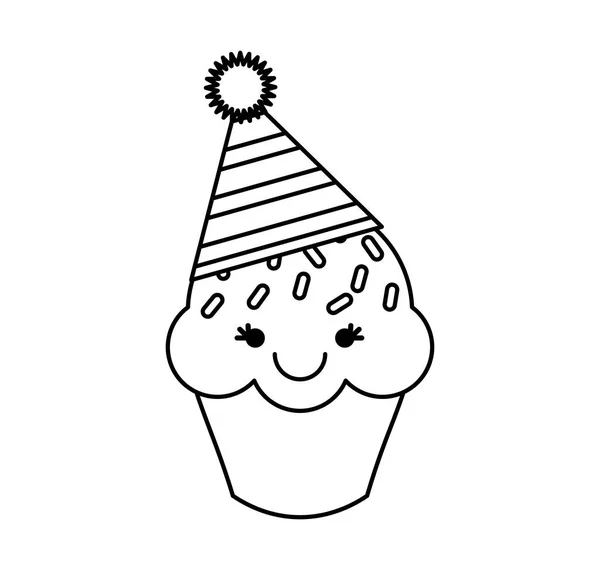 Carácter cupcake kawaii con sombrero de fiesta — Vector de stock