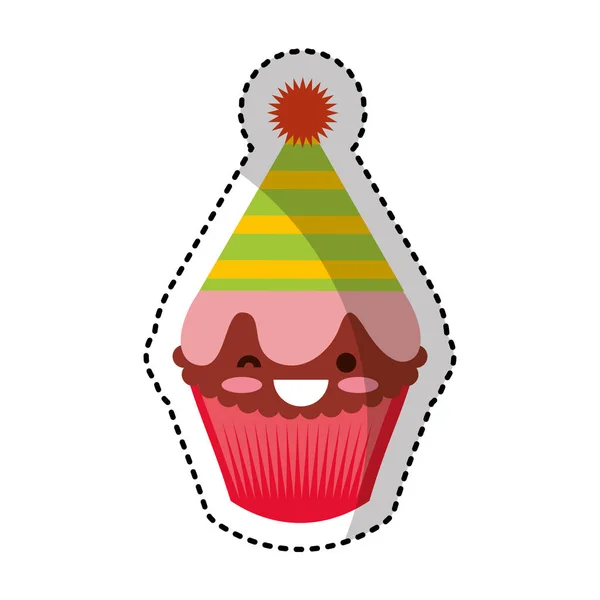 Carácter cupcake kawaii con sombrero de fiesta — Vector de stock