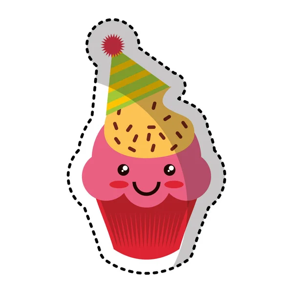 Carácter cupcake kawaii con sombrero de fiesta — Archivo Imágenes Vectoriales