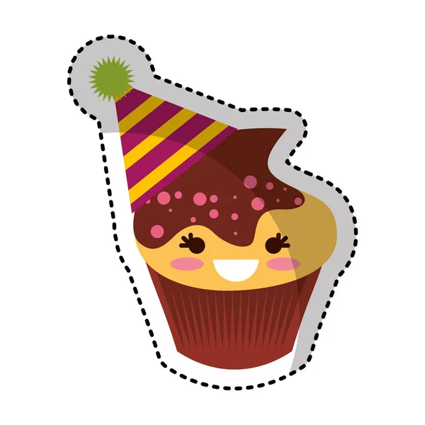 Personagem cupcake kawaii com chapéu de festa — Vetor de Stock