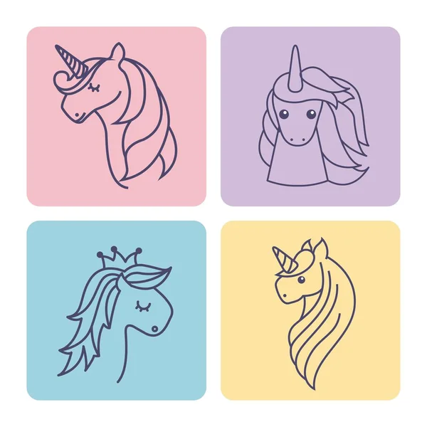 Dibujo lindo conjunto unicornios icono — Vector de stock