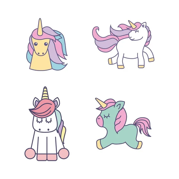 Dibujo lindo conjunto unicornios icono — Archivo Imágenes Vectoriales