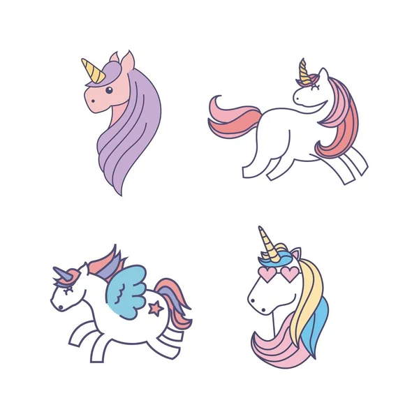 Dibujo lindo conjunto unicornios icono — Archivo Imágenes Vectoriales