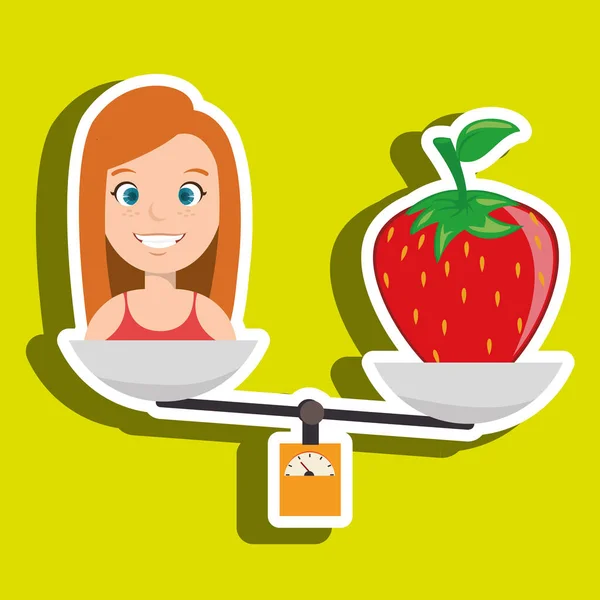Frau Cartoon Früchte Erdbeere Nahrung Balance — Stockvektor
