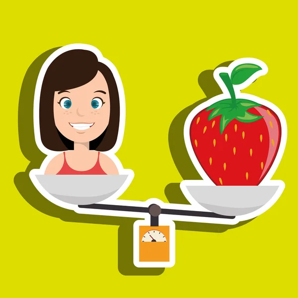 女人卡通水果草莓食品平衡 — 图库矢量图片