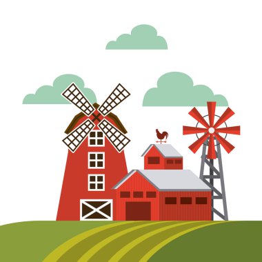 Kırmızı ahır çiftlik peyzaj üzerinde