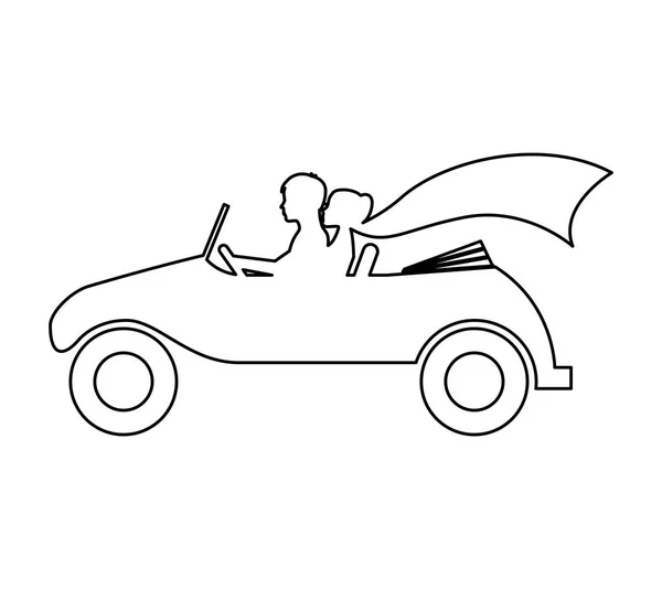 Couple de jeunes mariés personnage dans la voiture — Image vectorielle