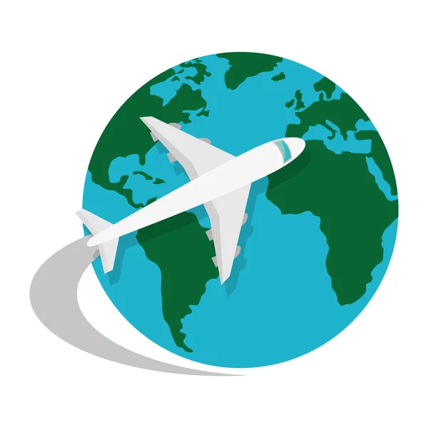 Planeta tierra del mundo con el icono de avión aislado — Vector de stock