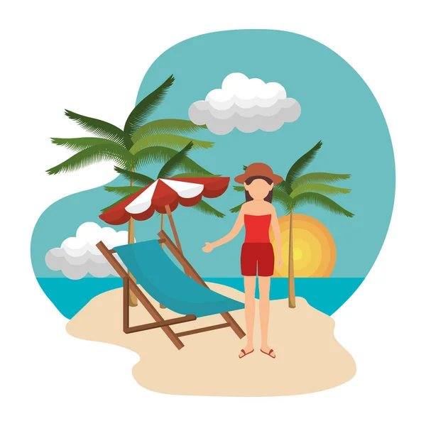 Жінка відпочиває на пляжі стільця — стоковий вектор
