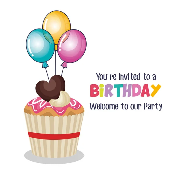 Mutlu doğum günü davetiyesi balonları hava ve tatlı pasta ile — Stok Vektör