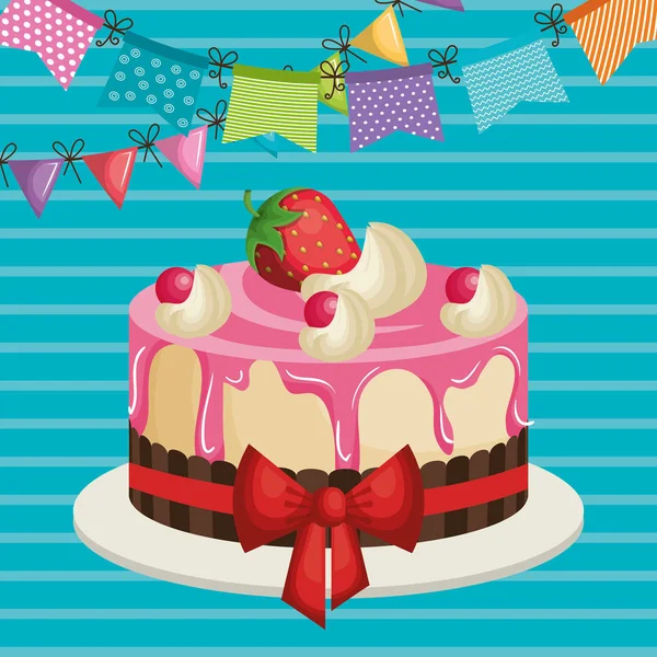 Convite de aniversário feliz com bolo doce — Vetor de Stock