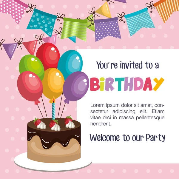 Bonne invitation d'anniversaire avec gâteau sucré — Image vectorielle
