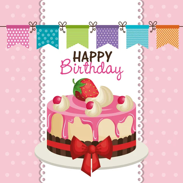 Gelukkige verjaardagsuitnodiging met zoete cake — Stockvector