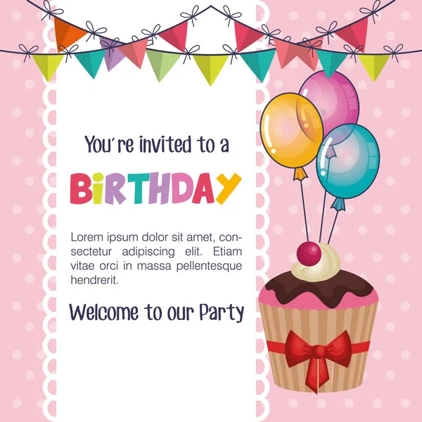 Bonne invitation de fête d'anniversaire avec cupcake doux — Image vectorielle