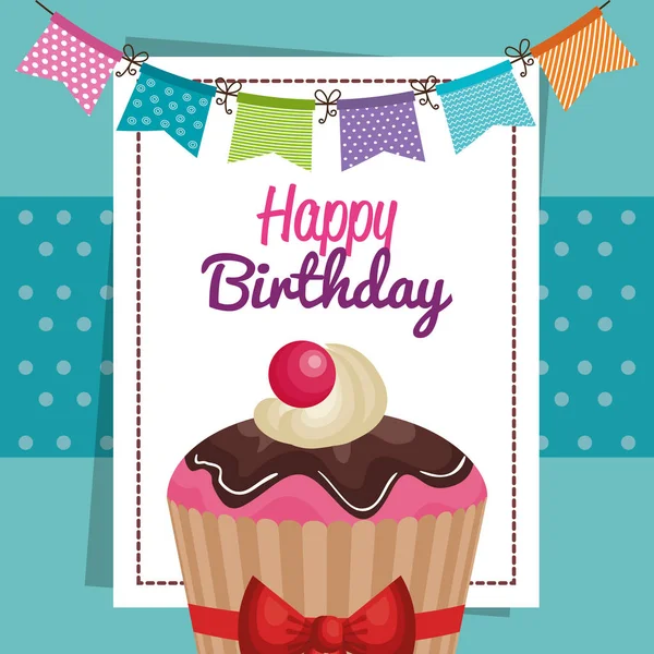 Feliz cumpleaños fiesta invitación con dulce cupcake — Archivo Imágenes Vectoriales