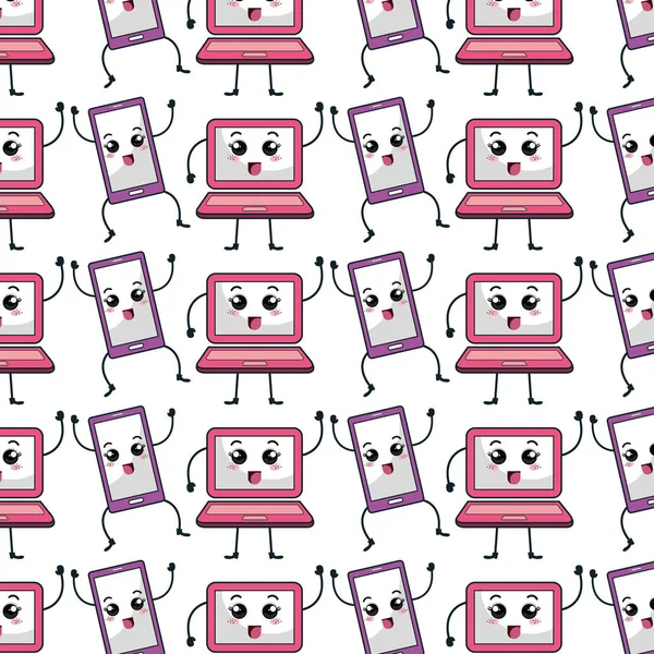 Tecnología dispositivos patrón kawaii caracteres — Archivo Imágenes Vectoriales