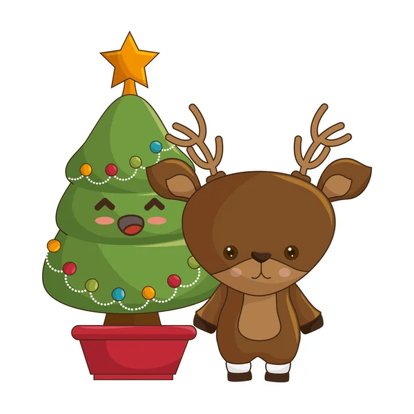 Feliz árbol de Navidad estilo kawaii — Archivo Imágenes Vectoriales