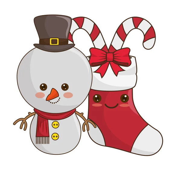 Feliz feliz Natal boneco de neve estilo kawaii — Vetor de Stock